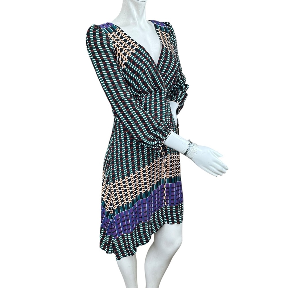 Anthropologie Maeve “Gianna” Geometric Multicolor Retro Faux Wrap Dress 4 Petite - Picture 2 of 9